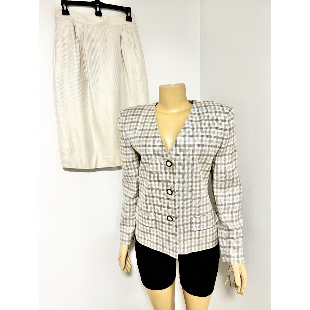Amanda Smith Petites Vintage Plaid Skirt Suit Set Purple Cream Size 8 NWT